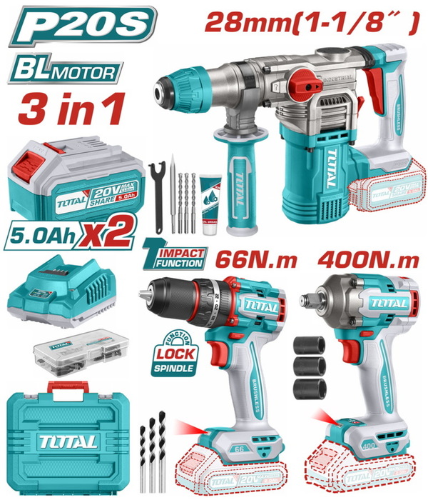 BF TOTAL ΕΠΑΓΓ. ΣΕΤ ΔΡΑΠ/ΒΙΔΟ ΚΡΟΥΣΤ.+ΠΝΕΥΜΑΤΙΚΟ ΠΙΣΤ.+ ΜΠΟΥΛΟΝΟΚΛΕΙΔΟ ΜΠΑΤ. Li-ion 20V (TCKLI20638E)
