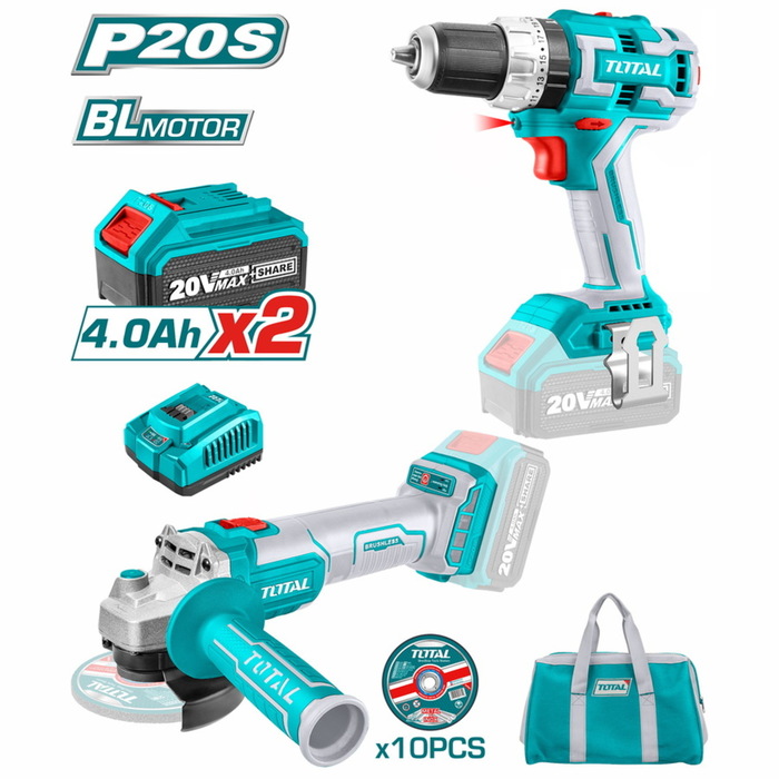 BF TOTAL ΕΠΑΓΓ. ΣΕΤ ΔΡΑΠ/ΒΙΔΟ ΚΡΟΥΣΤΙΚΟ + ΓΩΝΙΑΚΟΣ ΤΡΟΧΟΣ ΜΠΑΤ. Li-ion 20V / 4Ah (TCKLI6015)