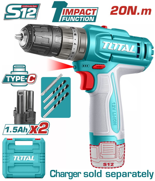 TOTAL ΔΡΑΠ/ΒΙΔΟ ΚΡΟΥΣΤΙΚΟ ΜΠΑΤ. Li-ion 12V / 1.5Ah / 20Nm / 2 ΜΠΑΤ Type-C (TIDLI12206E)