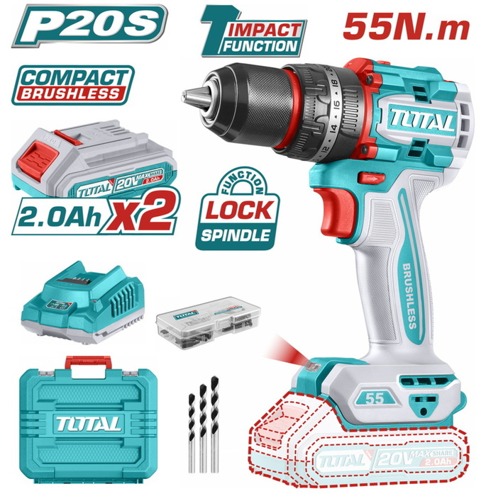 TOTAL ΕΠΑΓΓ. ΔΡΑΠ/ΒΙΔΟ ΚΡΟΥΣΤΙΚΟ ΜΠΑΤ. Li-ion 20V / 2Ah / 55Nm / 2 ΜΠΑΤ BL Motor (TIDLI20558E)