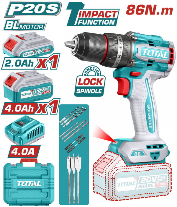 BF TOTAL ΕΠΑΓΓ. ΔΡΑΠ/ΒΙΔΟ ΚΡΟΥΣΤΙΚΟ ΜΠΑΤ. Li-ion 20V / 2Ah+4Ah / 86Nm / 2 ΜΠΑΤ BL Motor (TIDLI20868E)