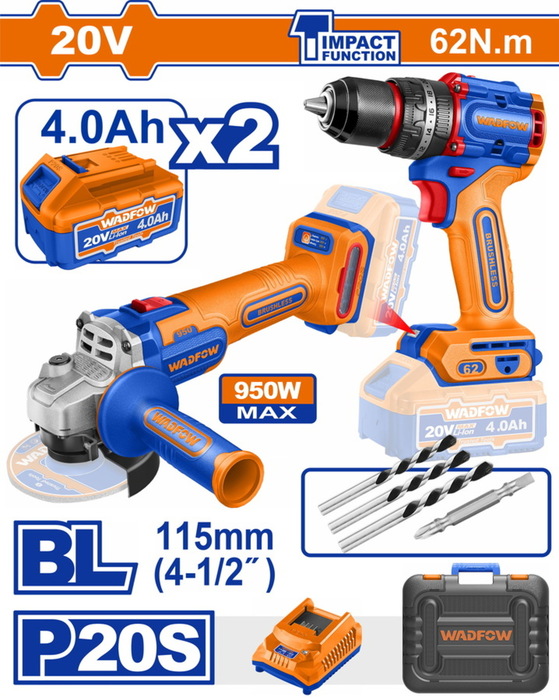 BF WADFOW ΣΕΤ ΔΡΑΠ/ΒΙΔΟ ΚΡΟΥΣΤΙΚΟ + ΓΩΝΙΑΚΟΣ ΤΡΟΧΟΣ ΜΠΑΤ. Li-ion 20V / 4Ah / 2 ΜΠΑΤ (WCK20273E)