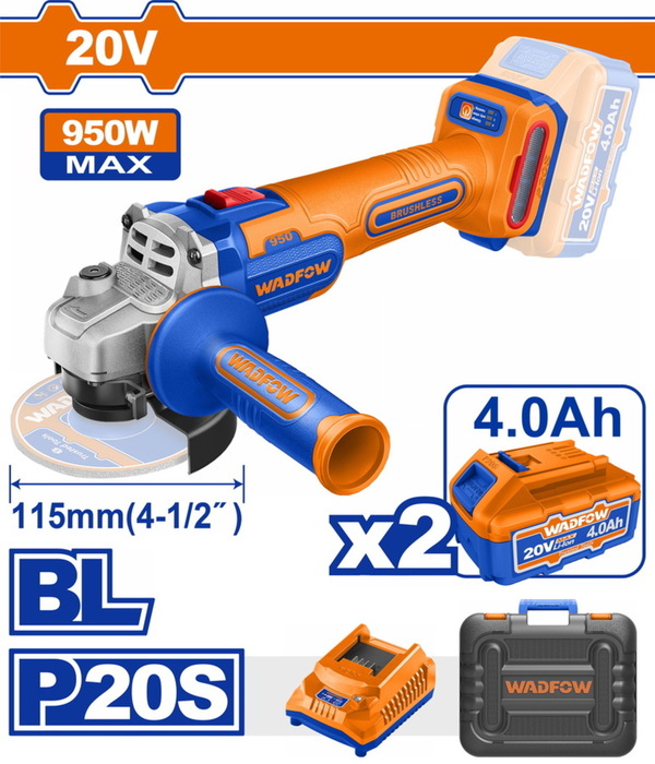 BF WADFOW ΣΕΤ ΓΩΝΙΑΚΟΣ ΤΡΟΧΟΣ 115mm ΜΠΑΤ. Li-ion 20V / 950W / 4Ah / 2 ΜΠΑΤ BL Motor (WLAP5322E)