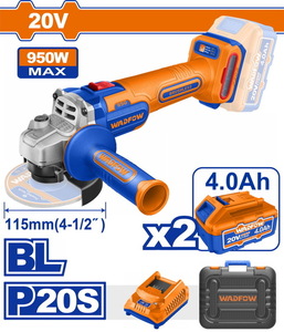 WADFOW ΣΕΤ ΓΩΝΙΑΚΟΣ ΤΡΟΧΟΣ 115mm ΜΠΑΤ. Li-ion 20V / 950W / 4Ah / 2 ΜΠΑΤ BL Motor (WLAP5322E)