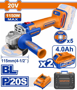 WADFOW ΣΕΤ ΓΩΝΙΑΚΟΣ ΤΡΟΧΟΣ 115mm ΜΠΑΤ. Li-ion 20V / 1150W / 4Ah / 2 ΜΠΑΤ BL Motor (WLAPB522E)